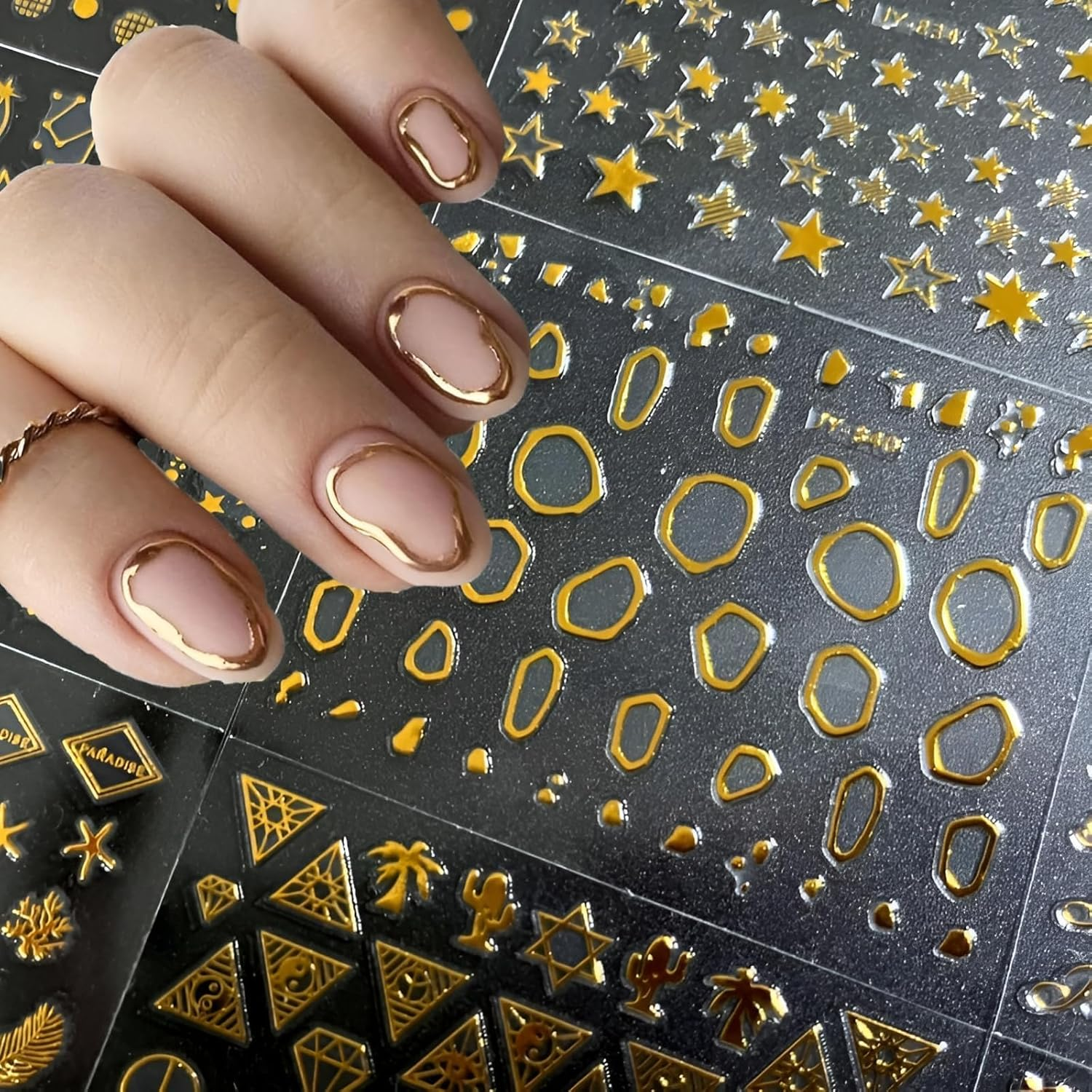 CLERIVI 3D Self-Adhesive Nail Stickers - 30-Pack Nail Art Decals Kit with Stars, Lines & Floral Designs | Temporary Gold Leaf & Diamond Nail Supplies for DIY Manicure, Acrylic Nails image number 3