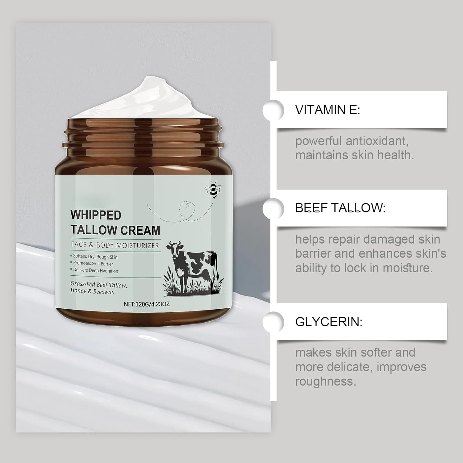 2PCS Beef Tallow Balm,Fed Beef Tallow & Raw Honey Balm, Natural Face & Body Cream for Dry,Skincare Cream for Soft,Able for All Skin Types image number 4