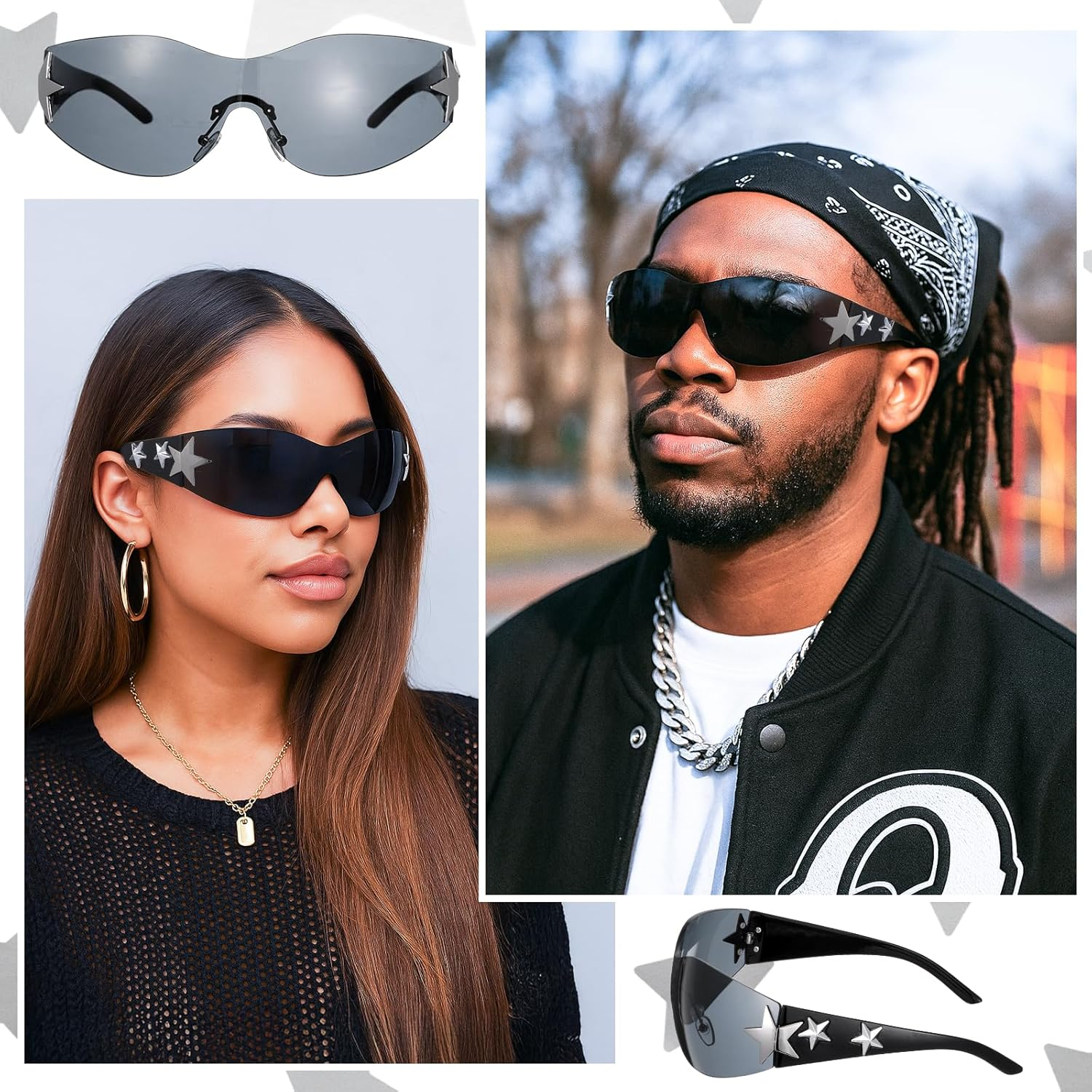 Heclia Y2K Sunglasses for Women Men Trendy Shield Wrap around Sun Glasses Large Rimless Star Sunglasses - Black image number 5