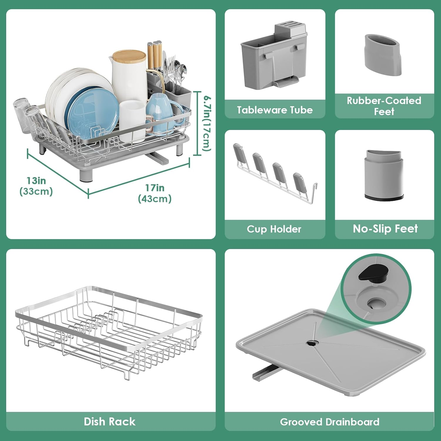 Sandream Dish Drying Rack, Dish Rack, Stainless Steel Dish Drainer for Kitchen Counter, Dish Rack with Draining Tray & Cutlery Utensil Holder, Kitchen Storage & Organisation(Grey)