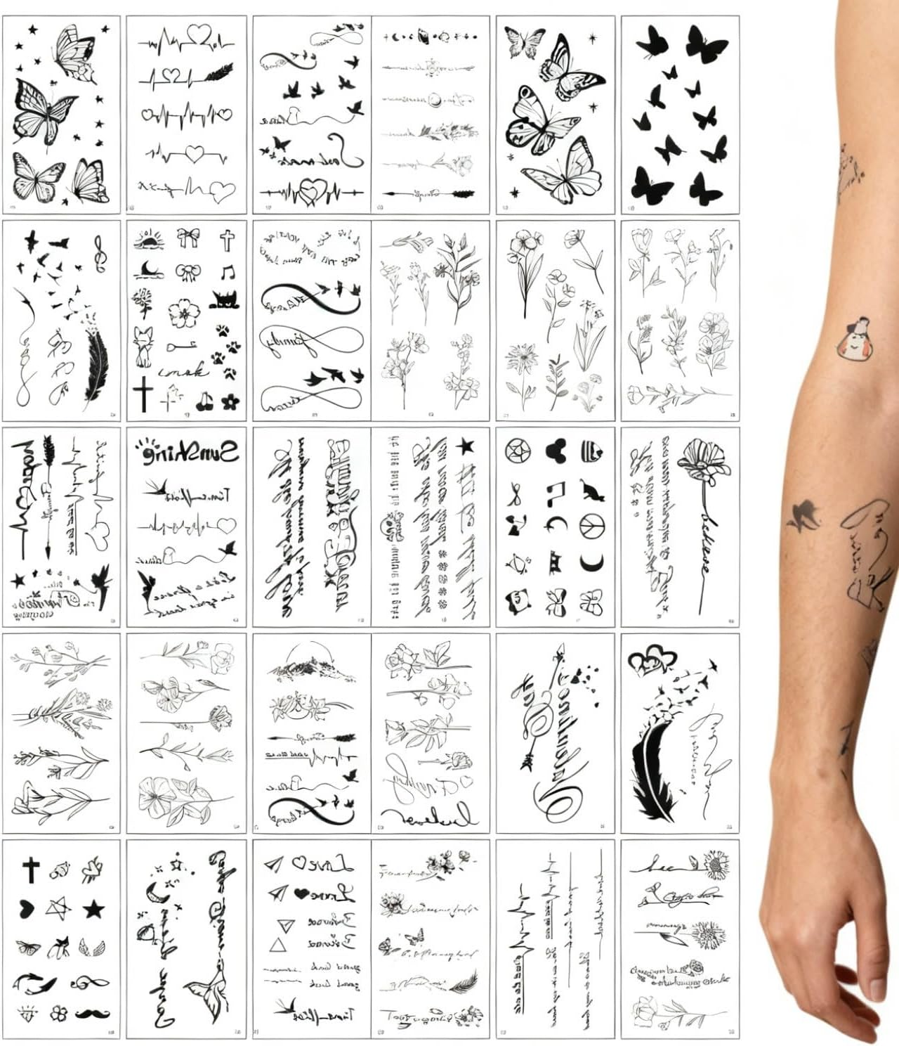 BOROLA 30 Sheets Dark Temporary Tattoos for Women & Men - Black English Letter & Motif Sticker Set, Waterproof Minimalist Body Tattoo Art for Music Festival, Party, Cosplay(Mixed Style C)