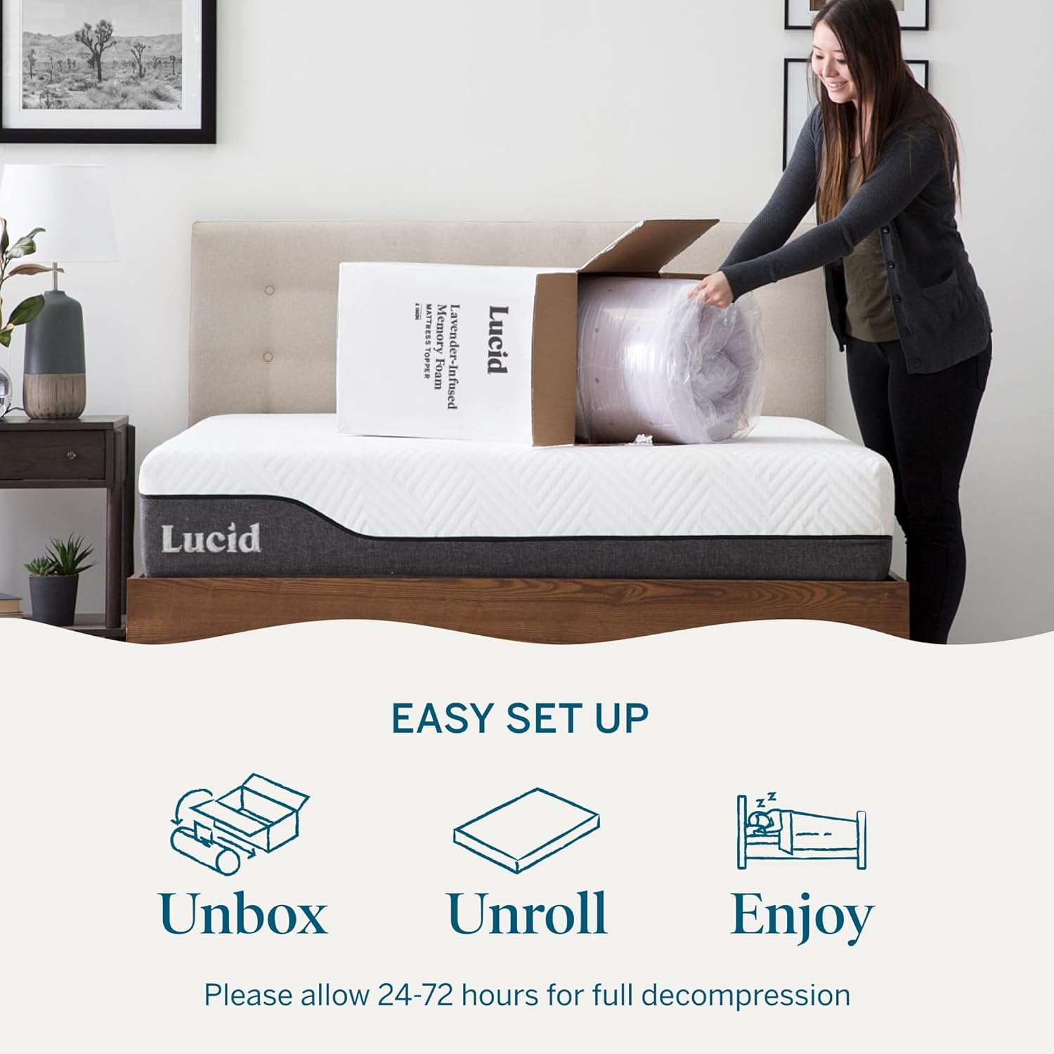 LUCID 4 Inch Lavender Infused Memory Foam Mattress Topper - Ventilated Design - Queen Size image number 2