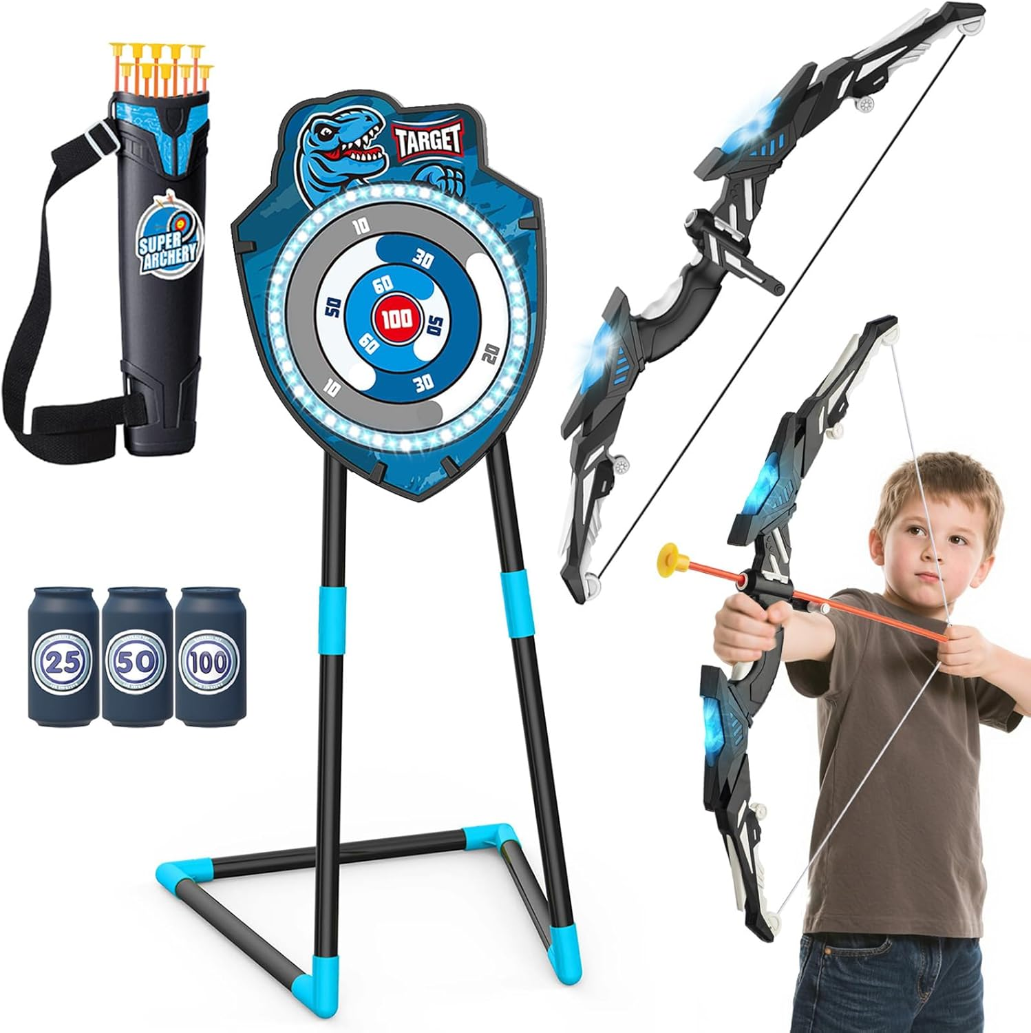 Kids LED Standing Archery Set with Bow & Arrows &ndash; Outdoor Sports Toy for Boys & Girls Ages 4-12, Safe & Fun Target Practice Game, Blue image number 5
