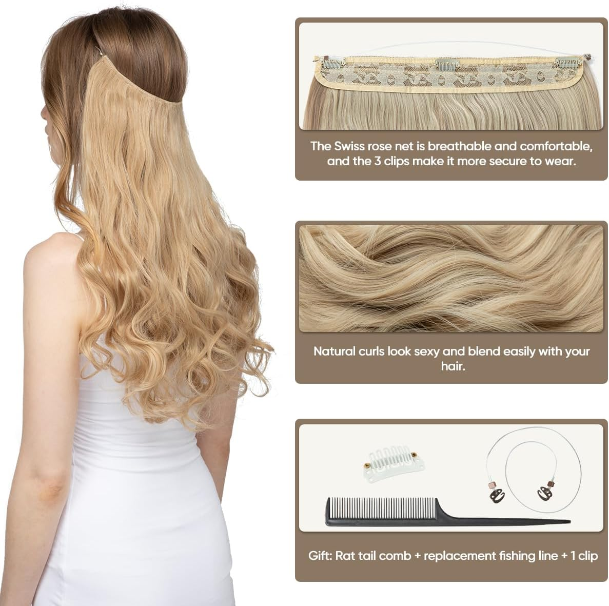 SARLA Short 14" Dark Brown Halo Hair Extension Secret Wire Hidden Hair Wavy 4.3Oz Synthetic Wavy Curly Natural Hairpieces Hair Piece (M04, 6# Dark Brown) image number 7