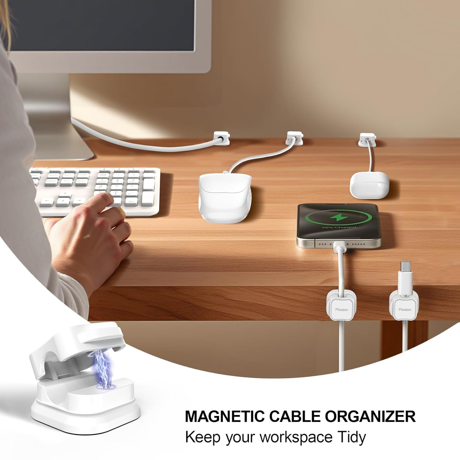 24 Pack Magnetic Cable Clip Organizer Cord Holder, Picozon Adhesive Cable Management, Wire Phone USB Charger Cable Holder, Keeper Organizer for Office Home Desktop Table - White image number 4