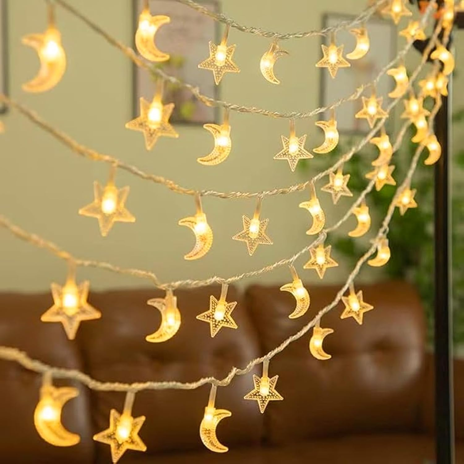 Christmas Star & Moon String Lights 20Ft 40 LED, Battery Operated Waterproof Fairy Lights for Indoor Outdoor Decor, Warm White Lights for Bedroom Wedding Patio Christmas Decor image number 3