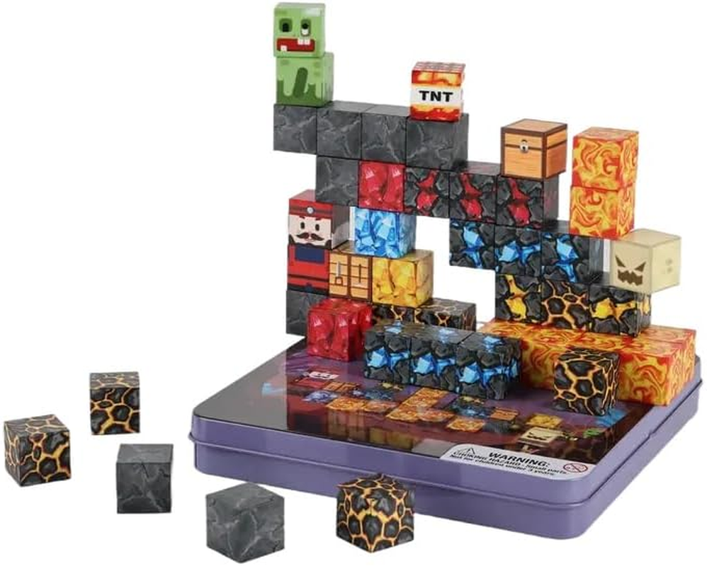 Portable Magnetic Blocks - with Iron Box,49Pcs Adventure Themed Magnetic Tiles,Build Mines Cave World Set,Travel Magnet Building Block,Travel Toys, STEM Constructiontoys for Boys & Girls Ages 3+