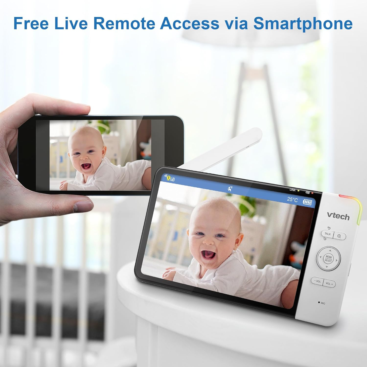 Vtech RM7754HDV2 7&rdquo; 2-Camera Smart HD Video Baby Monitor with Remote Access, Night Light, 2-Way Talk, Soothing Sounds, Temp Sensor & Motion Detection, up to 13 Hours Battery Life image number 5
