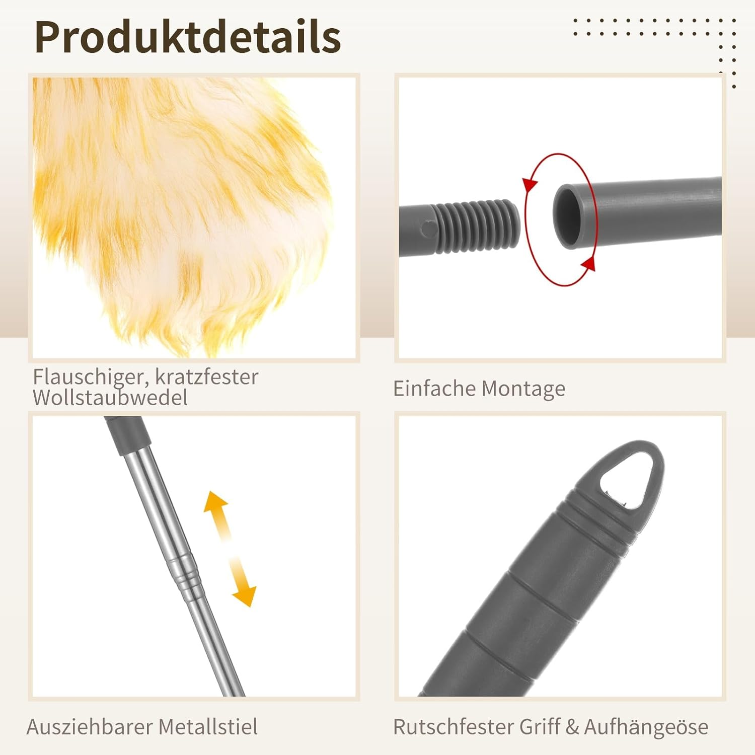 Long Extendable Duster Washable with 2 Interchangeable Covers, Extendable up to 135 Cm, Fluffy, Scratch-Resistant, Electrostatic for Ceiling Fans, Lamps, High Furniture and E image number 5