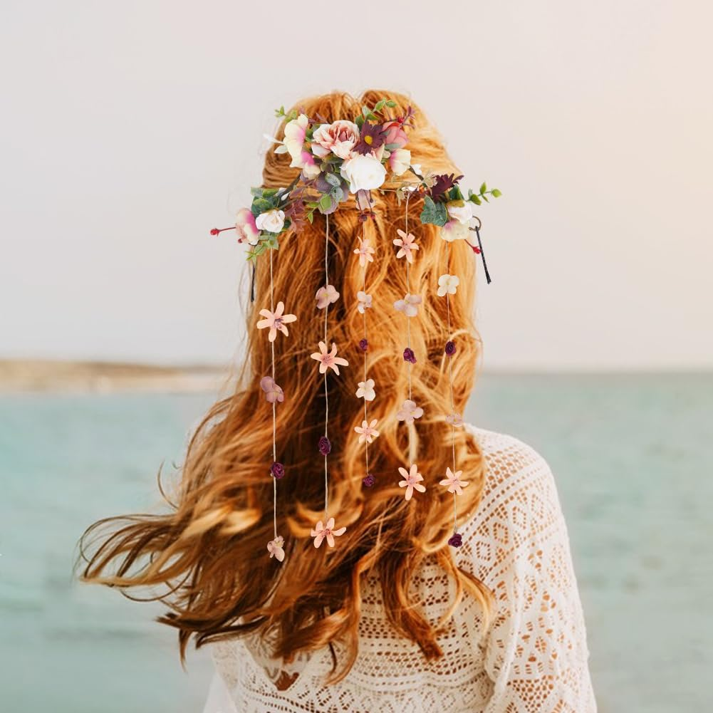 CABODYALS Flower Hairband Bride Imitation Flowers Headband Bohemian Style Mixed Color Headdress Floral Crown Vine Rustic Style Wreath Tassel Headbands for Women Wedding Party Photos Costume Head Decor image number 1