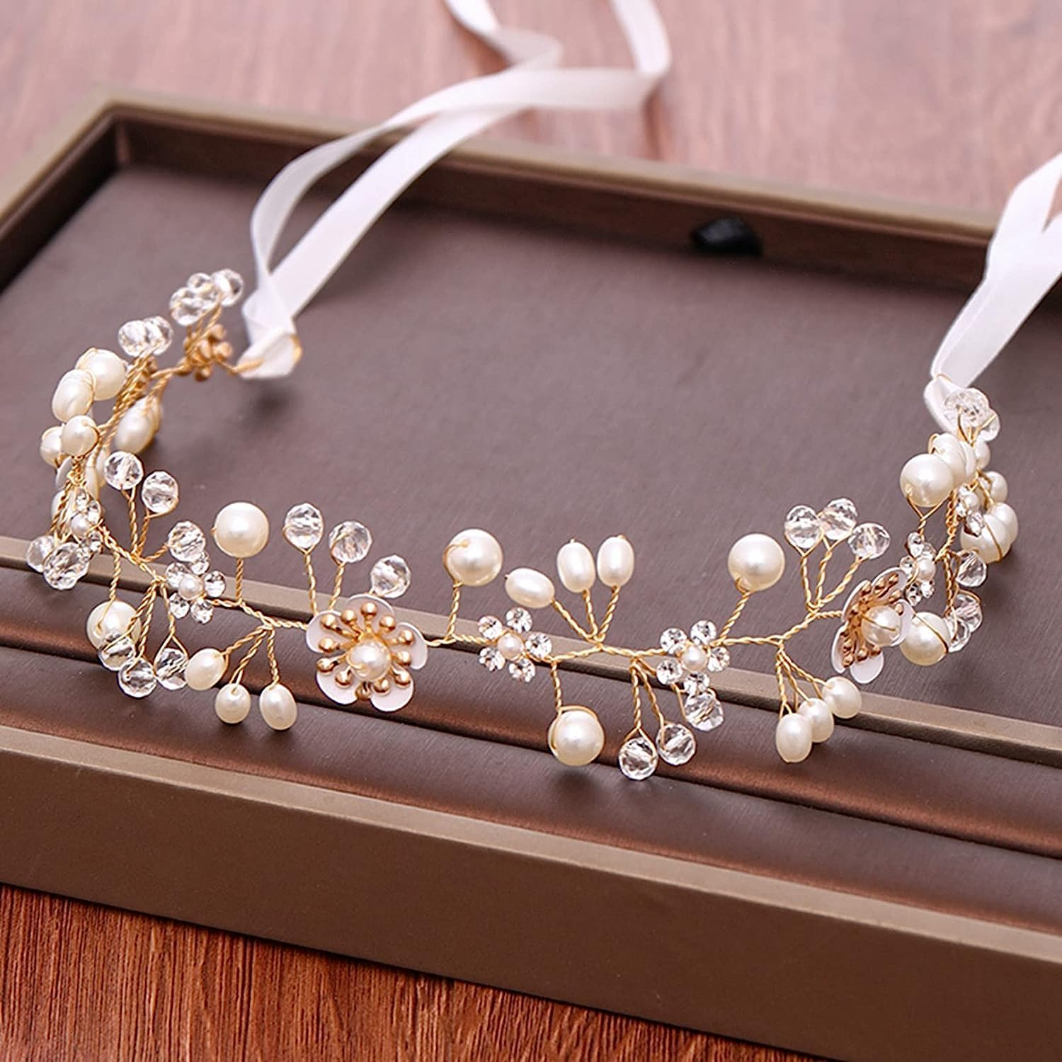 Crystal Bridal Headpiece with Golden Flowers, Bridal Headpiece, Bridal Headpieces Crystal Headband for Wedding, Accessory for Brides, Bridesmaids and Flower Girls, Elegant Hair Accessory (Silver-A) image number 3