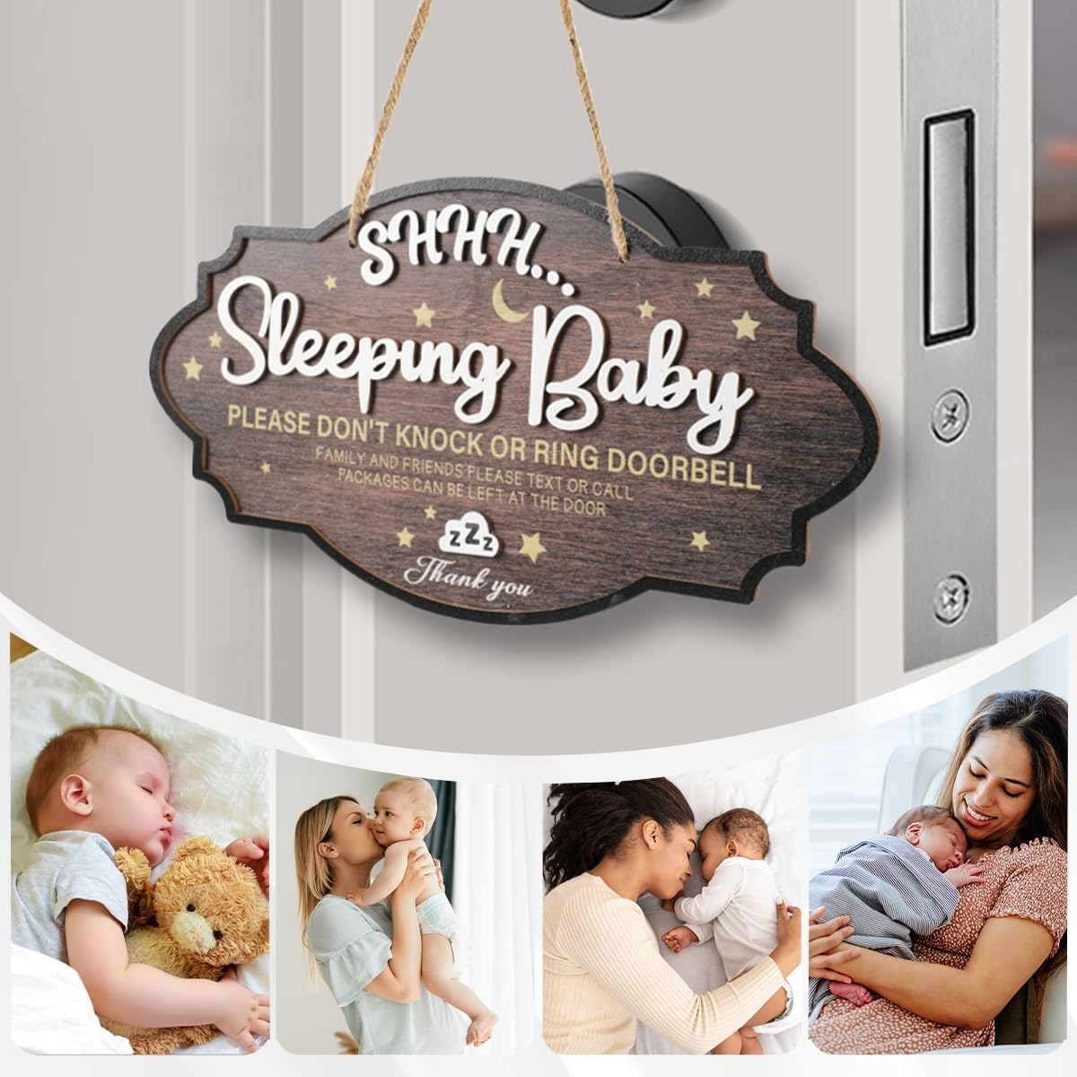 Baby Sleeping Sign for Front Door - Wooden Please Do Not Disturb Door Signs Do Not Knock or Ring Doorbell Baby Sleeping Sign for Nursery Home New Born Gifts image number 1