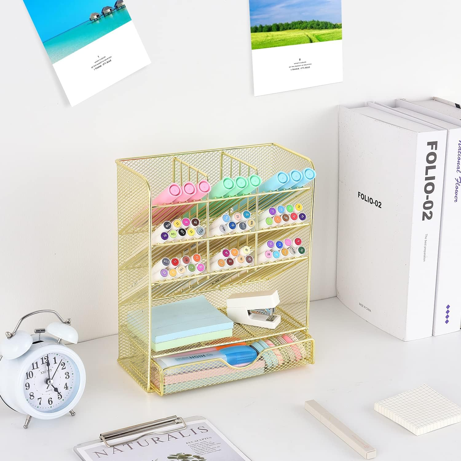 Spacrea Mesh Pen Organizer - Pencil Holder for Desk, Desk Organizer with Drawer for School, Home, Art Supplies (Gold) - Gold,Golden image number 5