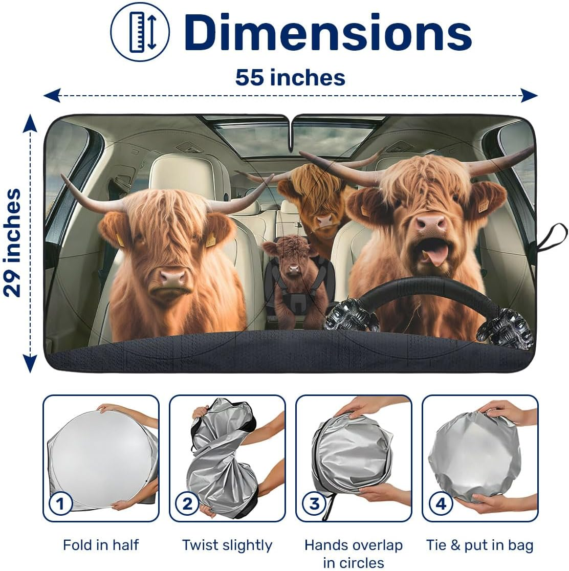 GENANY Highland Cow Family Funny Windshield Sun Shade for Car SUV Truck (55X29 Inches), Automobile Sunshade, Protector Blocks UV, Car Accessories image number 3