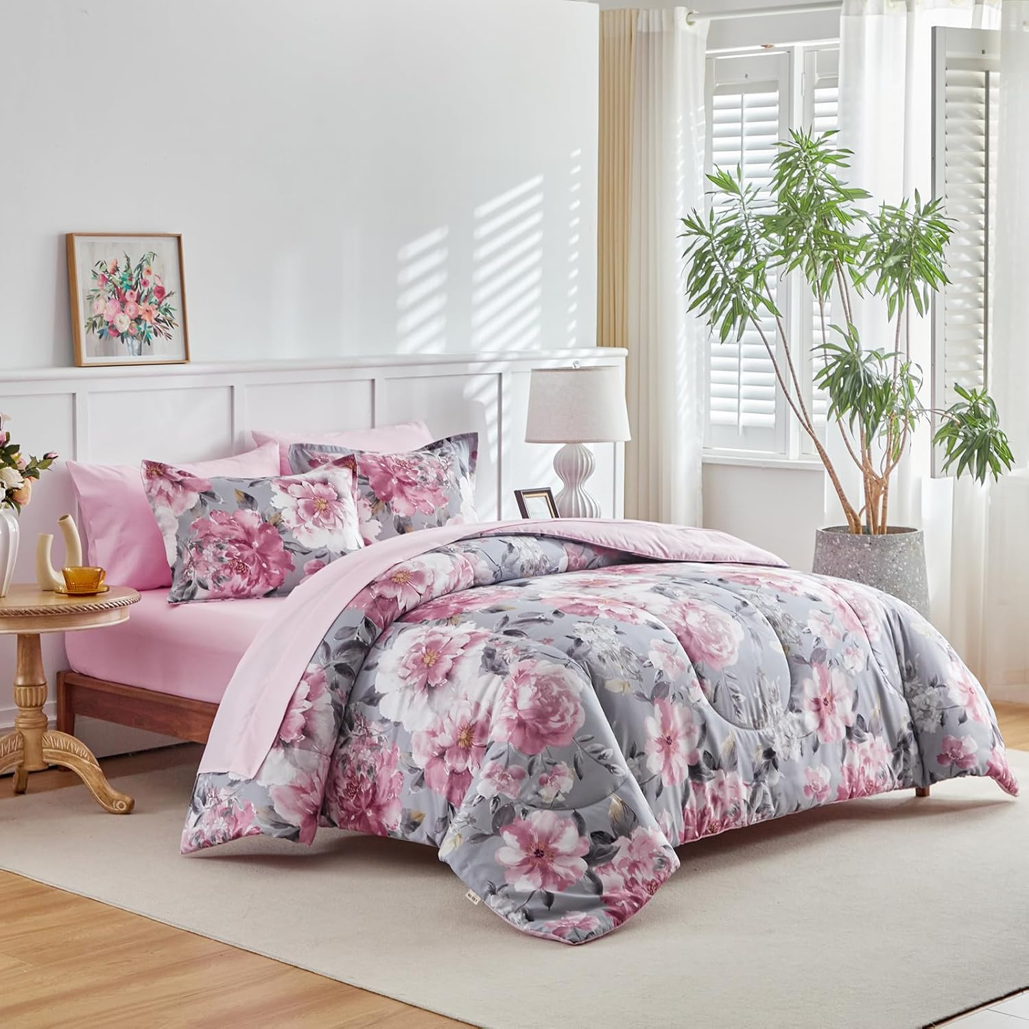 Joyreap 3Pcs Floral Comforter Set King, Tie-Dye Pink Flowers on Gray Design, Microfiber Lightweight Bedding Comforter Set for All Season- 100X88 Inches image number 4