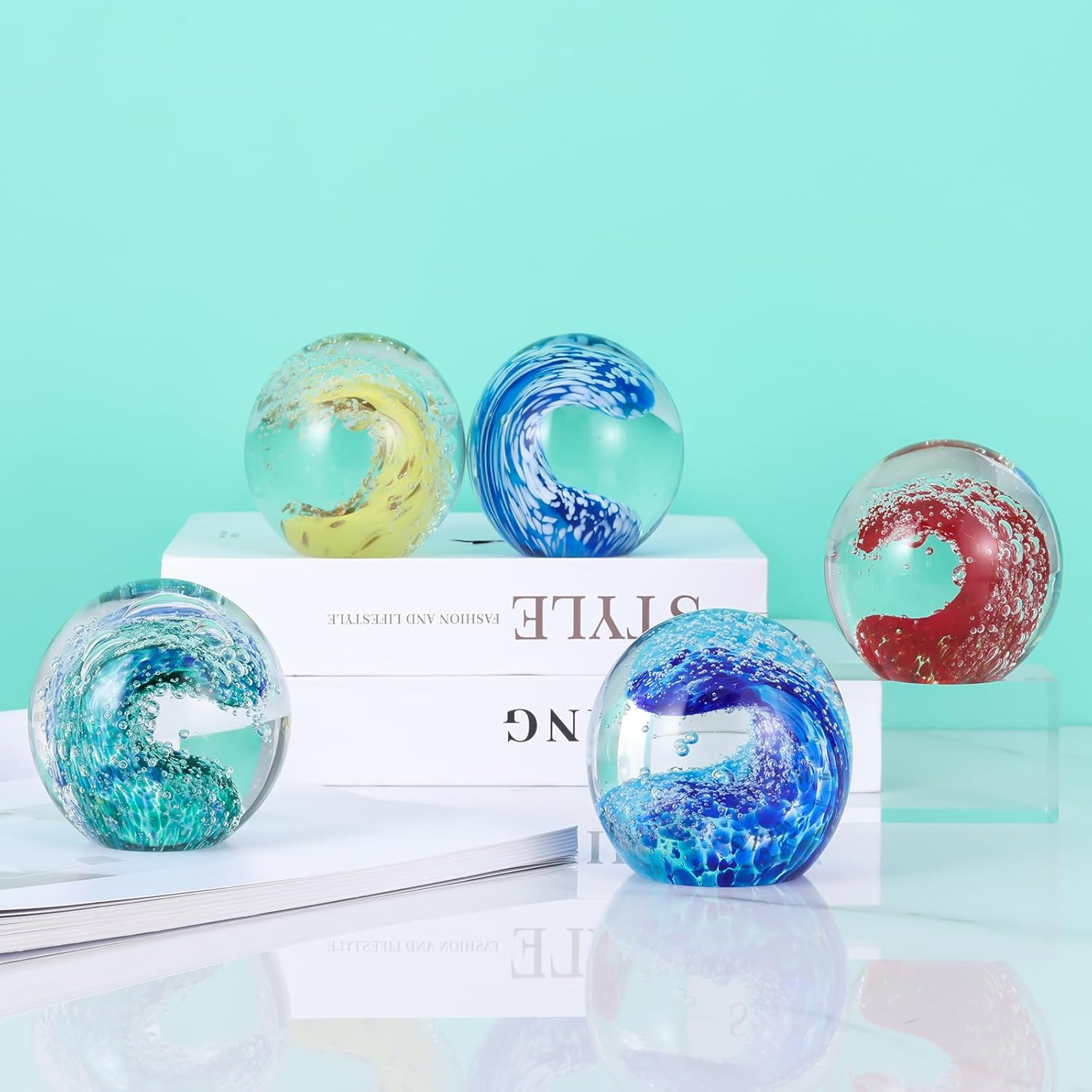 Hand Blown Glass Ocean Waves Glass Ball Beach Office Decor, Blue Glass Paperweight Ideal Beach Decorations for Home, Suitability Seaside Villa Aquarium Ocean Lover'S Gift image number 5