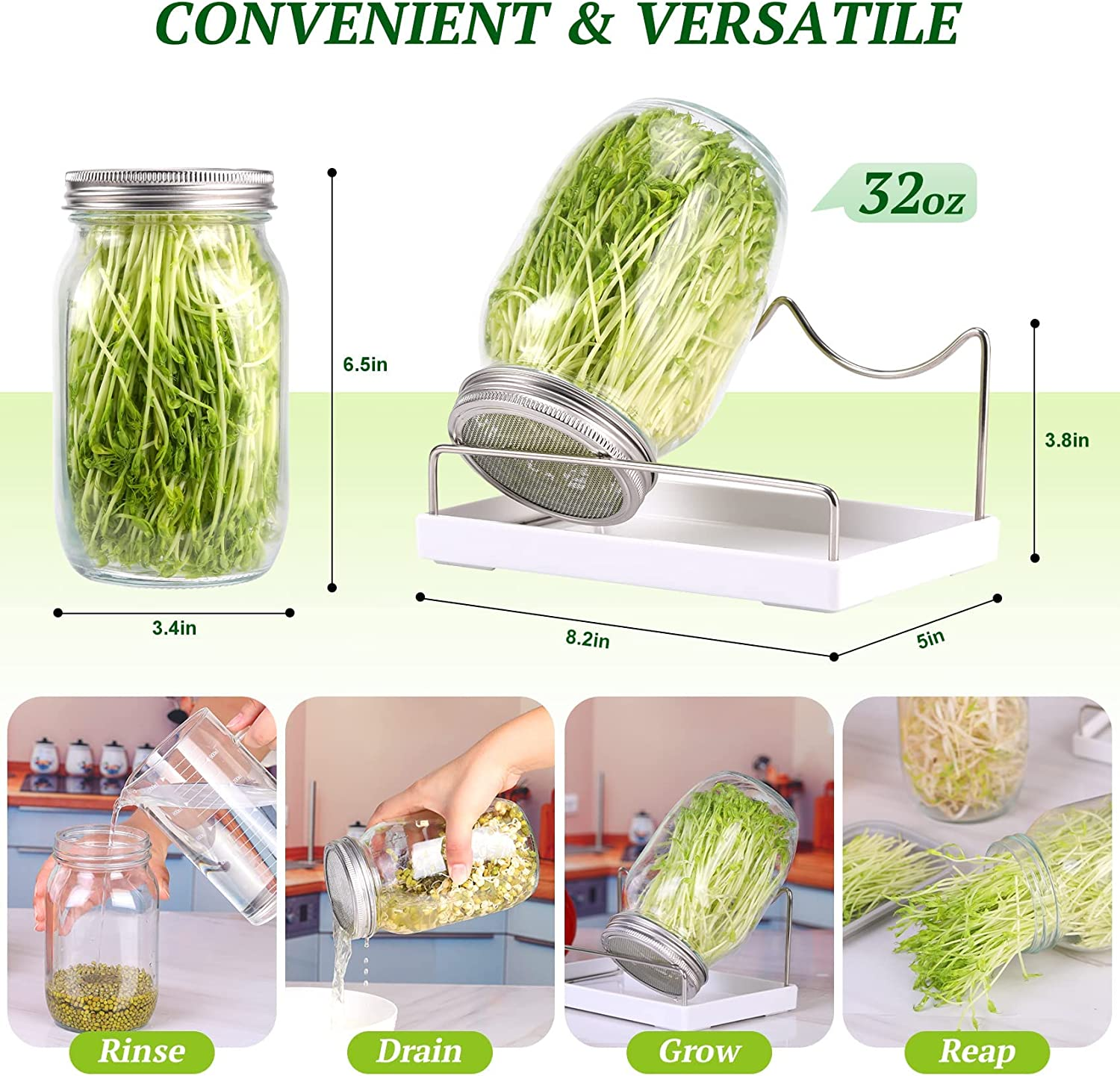 Sprouting Jar Kit 2Pcs Large Wide Mouth Mason Jars with Stainless Steel Screen Sprout Lid,Sprouting Jar Stand,Tray,Blackout Sleeves,Brush-Seed Sprouting Kit for Growing Mung Beans,Broccoli and so On image number 3