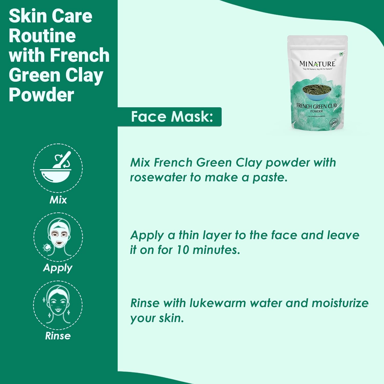 French Green Clay Powder (Montmorillonite) by Mi Nature | for Skincare Face Masks, Face Scrubs, Body Cleansers| Pure & Natural Mask Powder for All Skin Types & Unisex Use| 100G(3.5Oz) image number 2