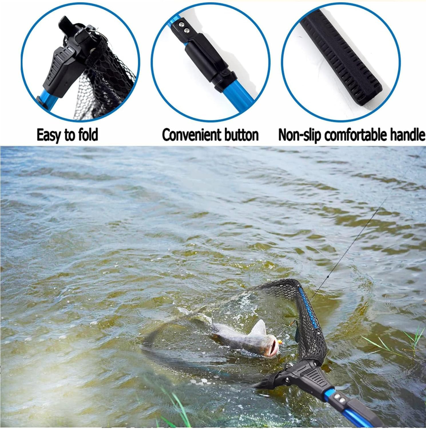 Fishing Landing Net,Floating Fishing Net with Built-In Length Scale,Aluminum Telescoping Handle,Rubber Mesh, Foldable Collapsible Fish Landing Net,Rubber Coated Floating Fishing Net for Steelhead image number 3