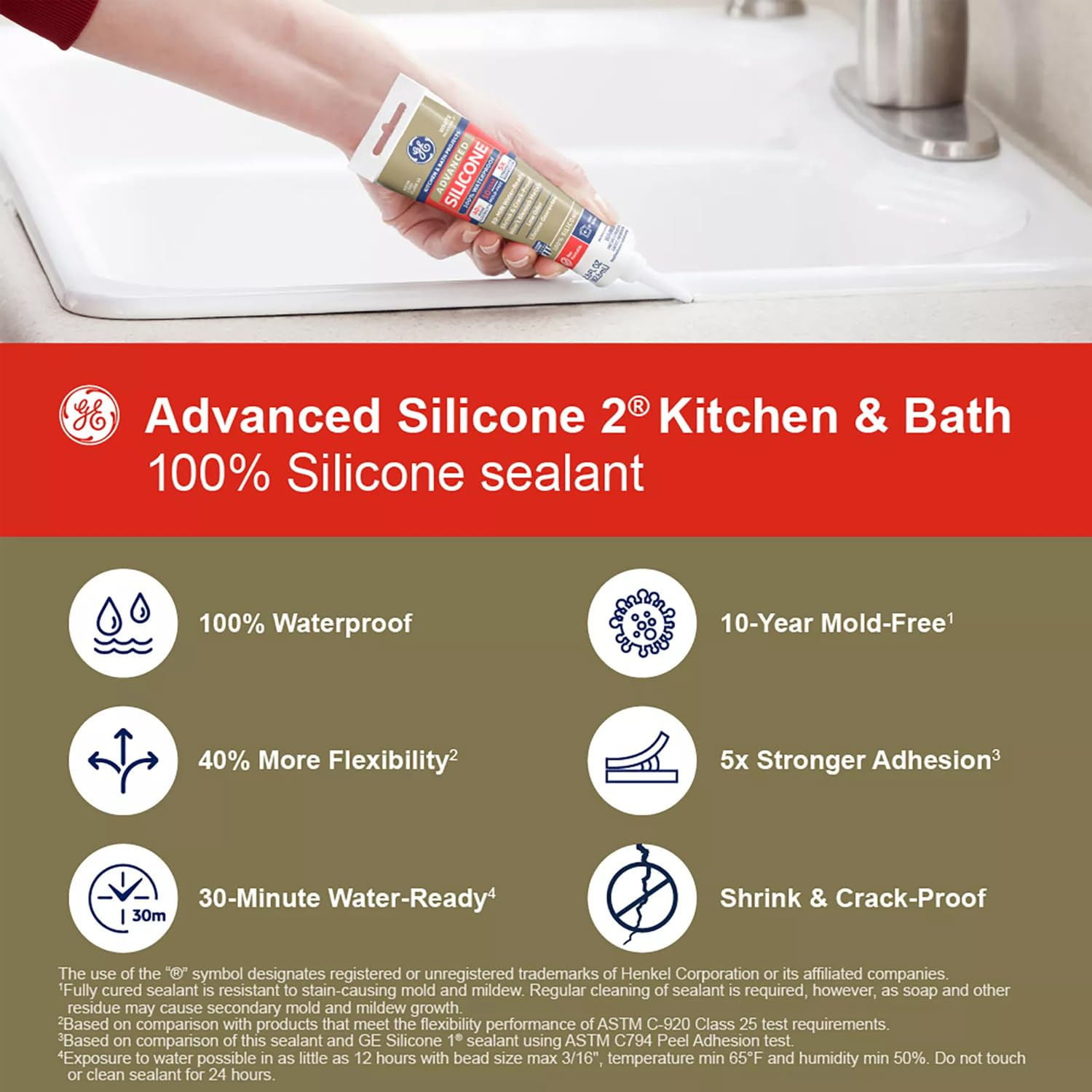 GE Advanced Silicone Caulk for Kitchen & Bathroom - 100% Waterproof Silicone Sealant, 5X Stronger Adhesion, Shrink & Crack Proof - 2.8 Fl Oz Tube, White, 1 Pack image number 3