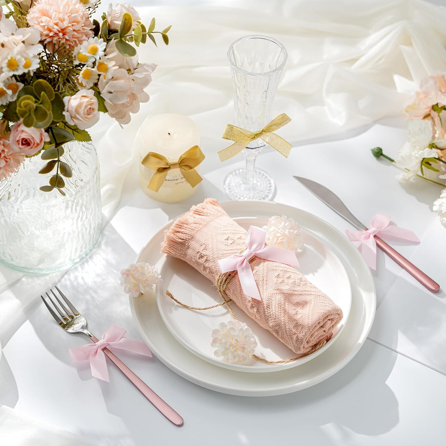 MORSUNBELA 50 Mini Bows,Self-Adhesive Bows Decorations for Party,Gift Wrapping,Crafting,Weddings Cake Decor,Diy Projects,Small Bow,Gold image number 4