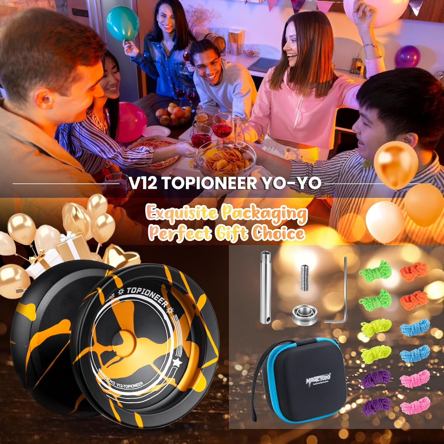 MAGICYOYO V12 Responsive Yoyo for Kids & Beginner, Unresponsive Yo Yo for Adults, Professional Yoyo for Finger Spin Trick with 12 Yoyo Strings & Yo-Yo Accessory Kit (Black Gold Splash