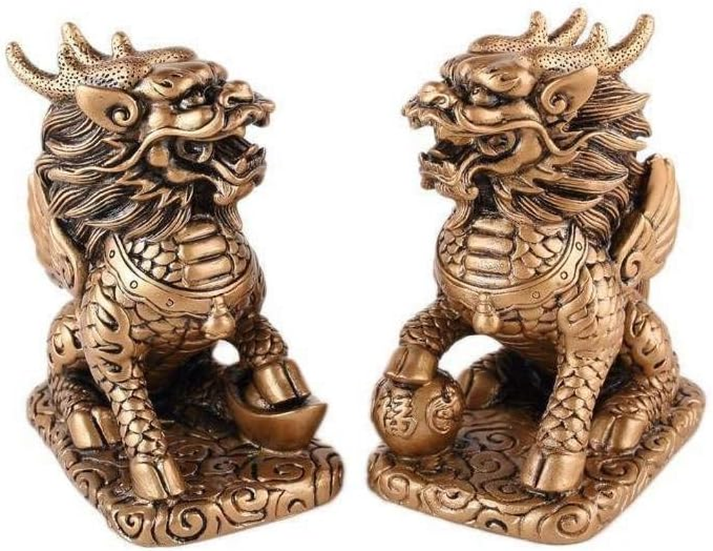 Lachineuse - Qilin Couple Figurine Feng Shui Chi Linen - Negative Energy Protection Symbol - Office Home - Chinese Decoration Asian Qi Linen - 12.5 X 11 X 6 Cm - Gold image number 5