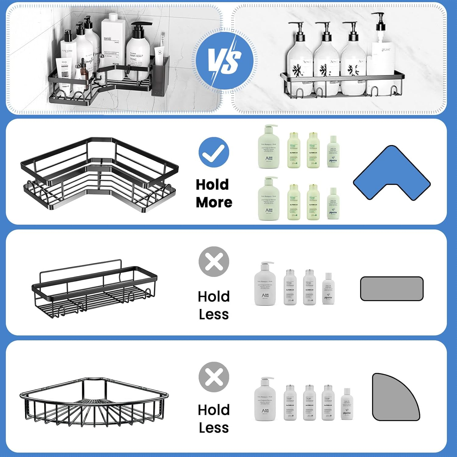 PKBD Corner Shower Caddy 3 Pack,Bathroom Storage No Drilling,Shower Storage with Soap Holder&Hooks&Toothpaste Holders,Bathroom or Kitchen,Rustproof Stainless Steel Suction Bathroom Accessories,Black - White image number 4