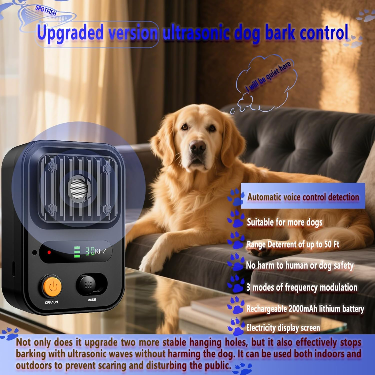 Anti Barking Device for Dogs,Ultrasonic Dog Bark Control Devices,Bark Recognition Silencer,3 Modes Range Deterrent of up to 50 Ft,Rechargeable Waterproof Digital Display,For Indoor and Outdoor(Black1) image number 4