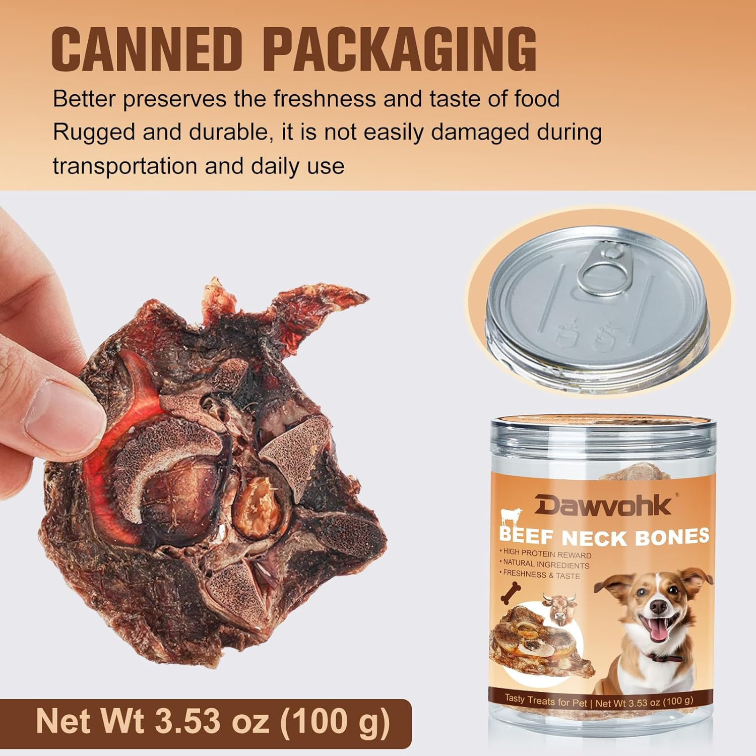 Dawvohk Dog Snacks Beef Flavor, Beef Neck Bones High Protein for Training & Treats Long-Lasting, Tough, Gluten Free, Filler Free, Great Natural Healthy Jerky for Large & Small Doggy,100G/Can (1Can) image number 1