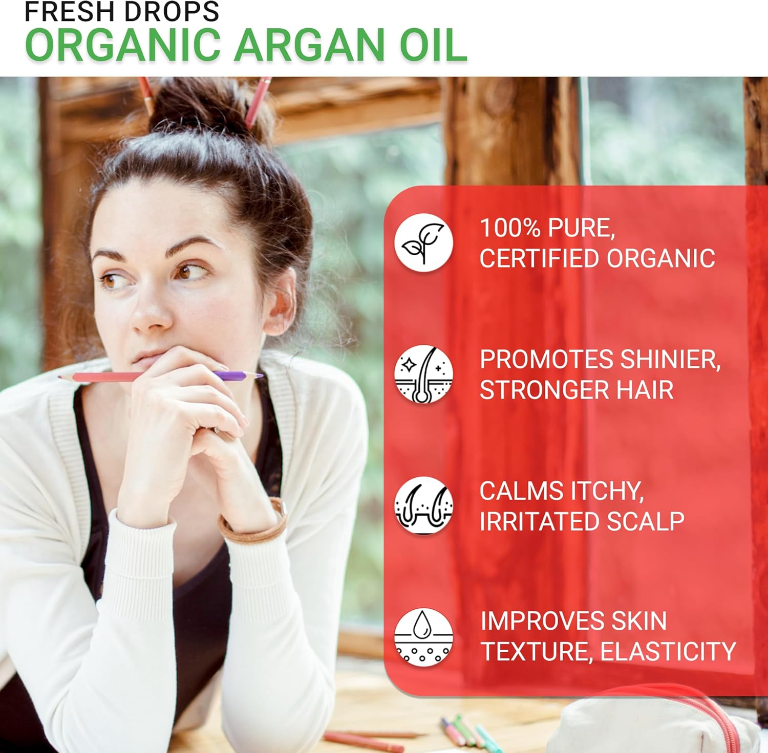 Fresh Drops Organic Argan Oil 50Ml &ndash; 100% Pure Cold Pressed, Natural Moisturizer for Skin, Hair, Face & Nails &ndash; Glass Dropper Bottle image number 1