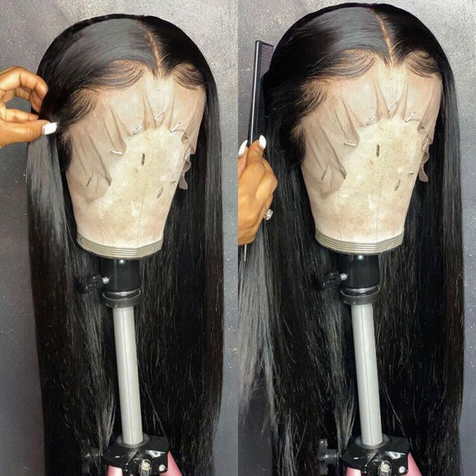 26 Inch Straight Human Hair Wigs, 13 X 4 Human Hair Lace Front Wigs, Pre Plucked, Glueless Wigs, Human Hair with Baby Hair, Natural Black, 180 Density image number 4