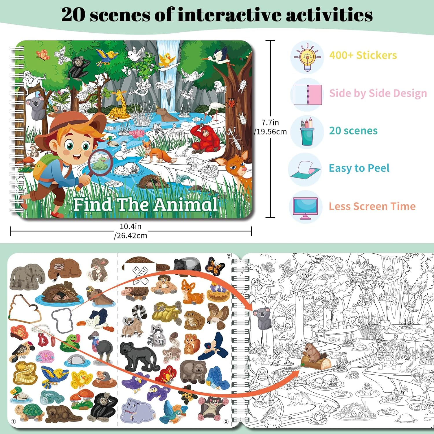 Elfew Find the Animal Sticker Book for Kids Ages 3+, Include 20 Hidden Theme Stickers for Kids, Learning & Educational Travel Toy, Find over 450+ Hidden Object