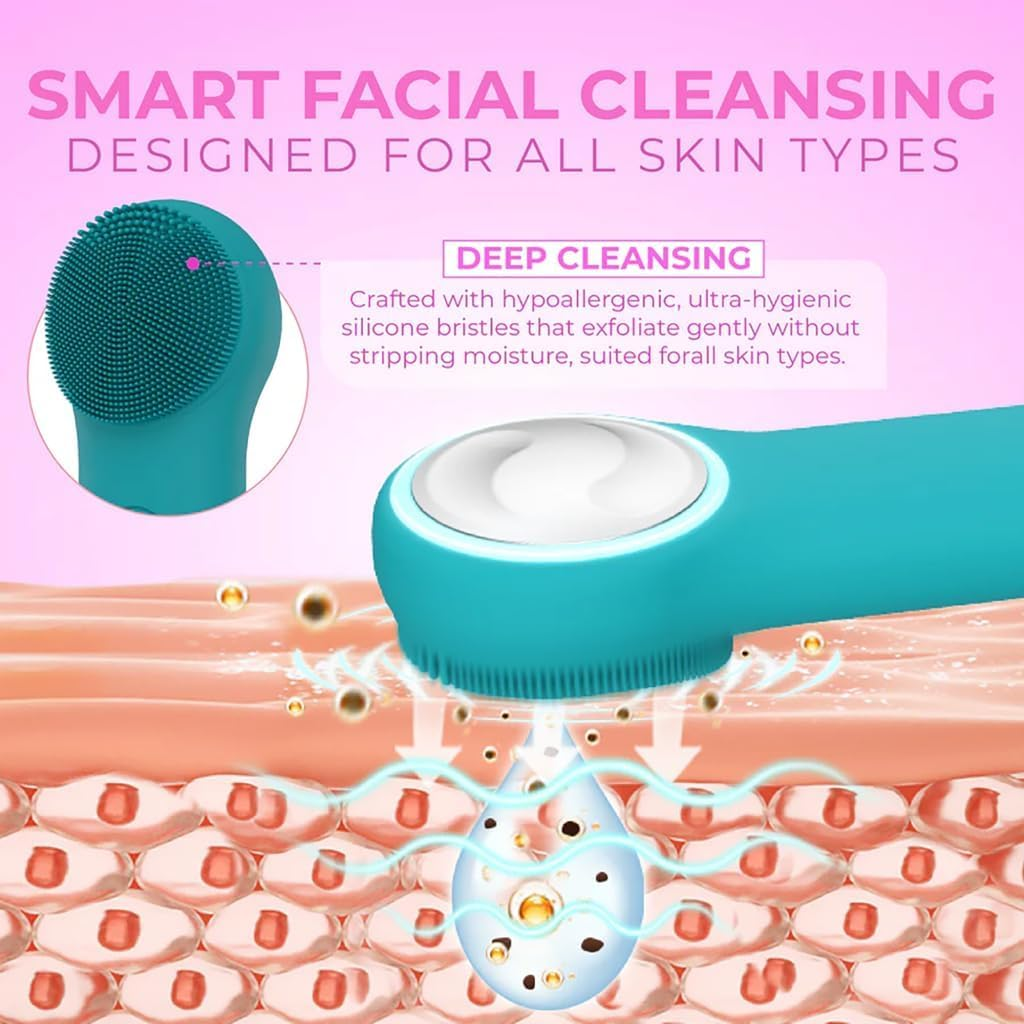 Electric Silicone Face Scrubber - 2-In-1 Facial Rotating Vibrating Exfoliating Brush - Waterproof & Portable, Rechargeable, for Cleaning, Exfoliation, Massage, Suitable for Men & Women (White) - Green image number 4