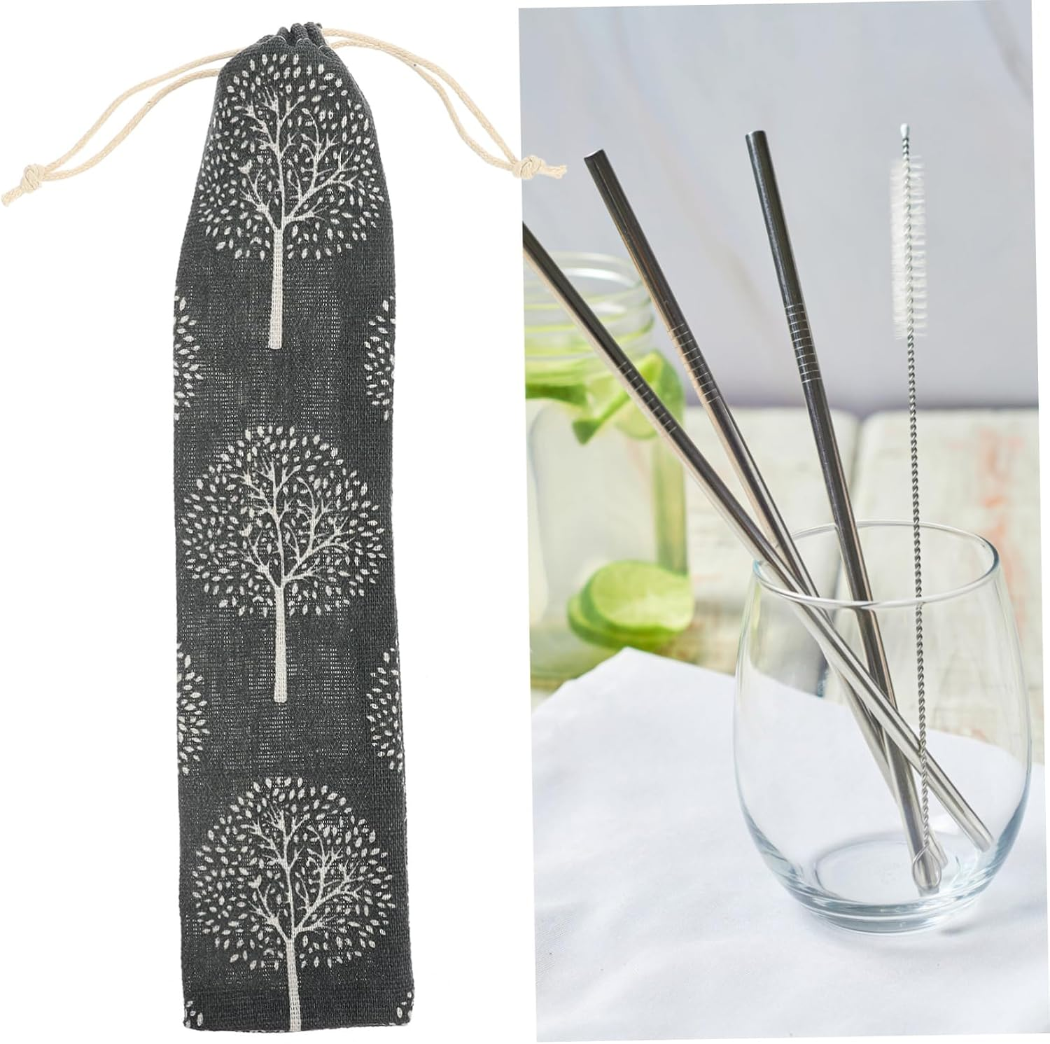 MOTHNUR Straw Carrying Case and Drawstring Storage Pouch, Cotton Linen Material, Reusable Travel Cutlery Bag for Fork Spoon, 5Pcs Mixed Style Set image number 5