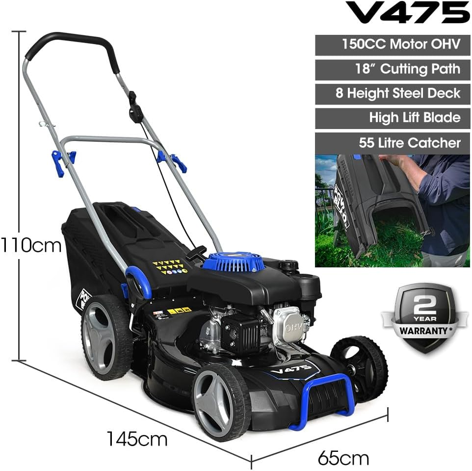 Powerblade 18" 150Cc Lawn Mower, 8 Height, Steel Deck, 4-Stroke Petrol Lawnmower - V475