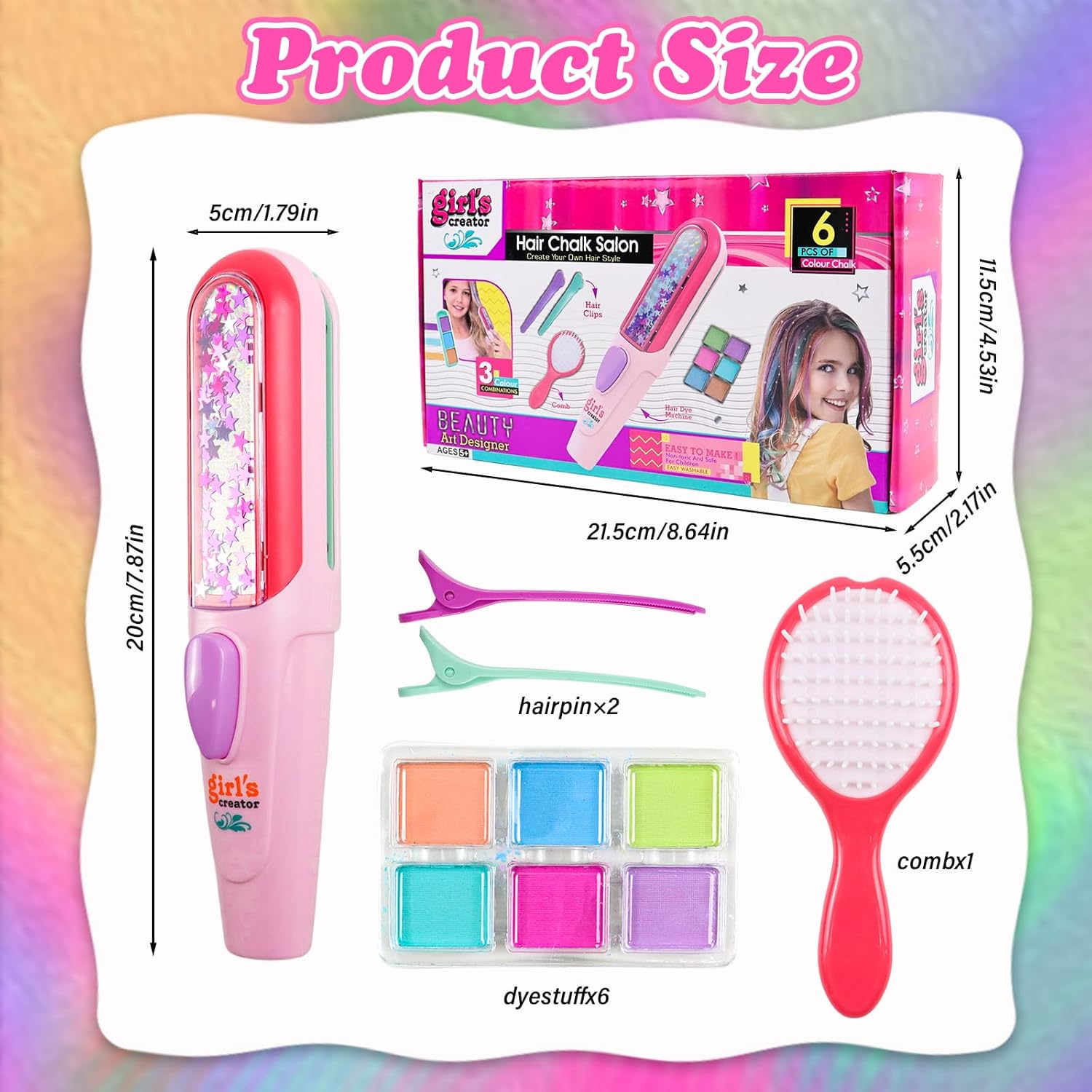 PIWOSGOL Hair Chalk for Girls Set, 6 Washable Colours Hair Chalk for Children with Hairpins, Combs and Hair Dye Pens, Creative Birthday Gift for Children 5 6 7 8 9 10 11 12 Years image number 3