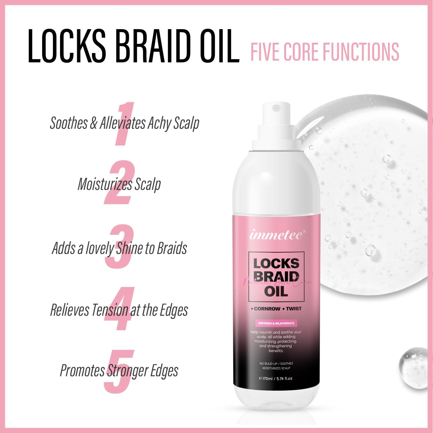 Immetee Locks Braid Oil, Refreshes Dry & Itchy Scalp, Braid Oil for Braids, Locks, Twists, Cornrows, Promotes Stronger Edges & Adds Shine to Braids. 170Ml/5.74Fl Oz image number 6