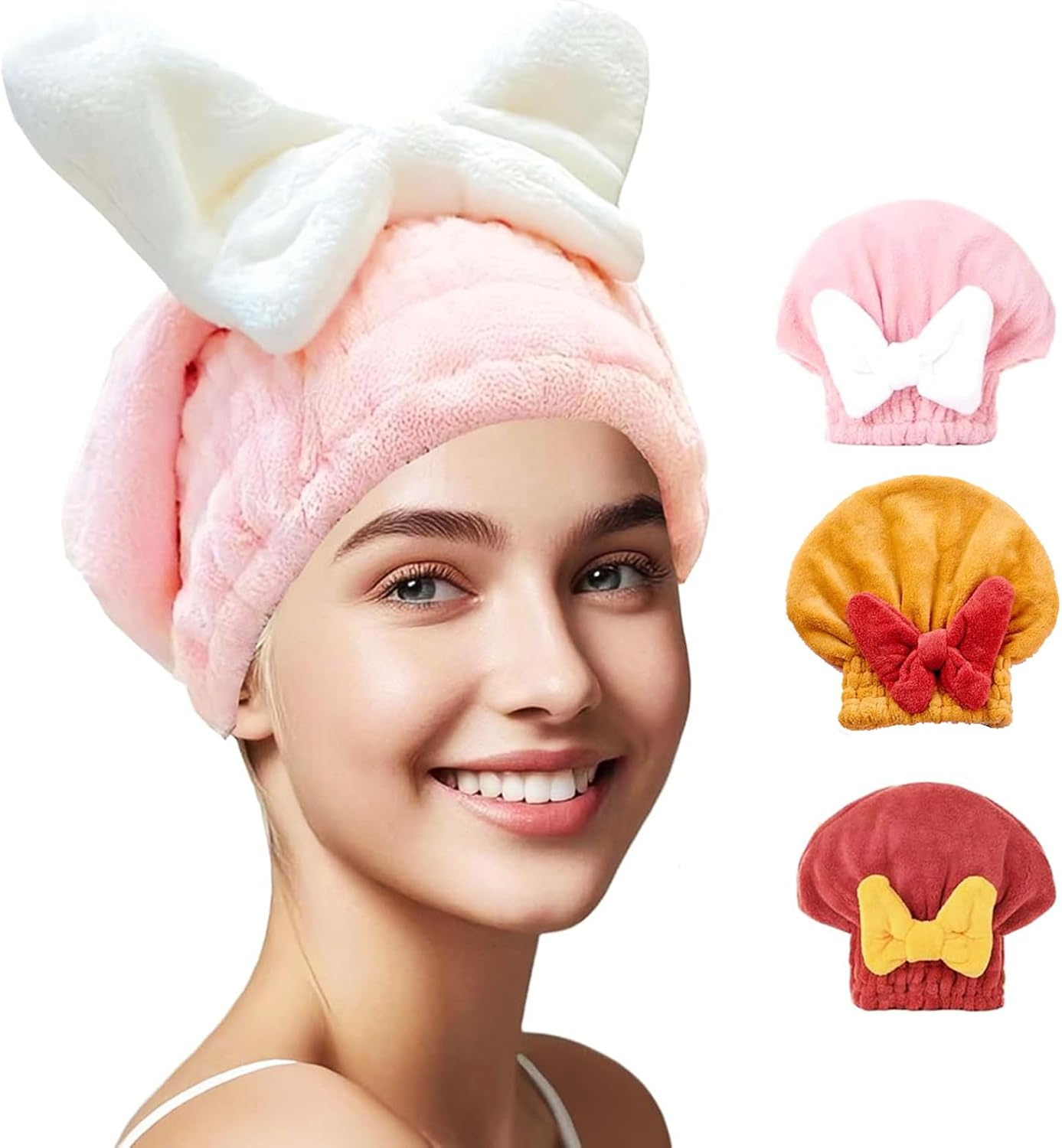 Meichoon Hair Towel 3-Pack Quick-Dry Microfiber Hair Drying Towels with Bow Design Cap Shape Elastic Band for Soft Frizz-Free Hair DK60 A