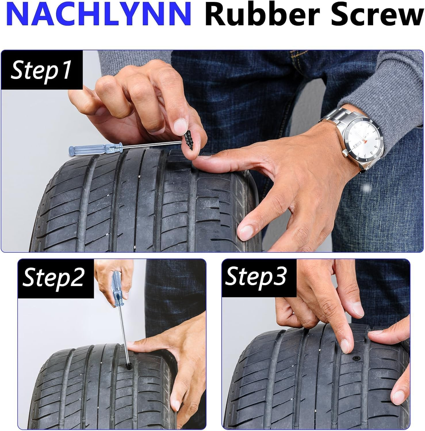 60PCS Tire Repair Rubber Nail, Vacuum Tire Repair Kits Spiral Rubber Nails, Tire Screw Plug Fast Tool Self Service Tire Repair Nail for Car, Motorcycle, Truck, Tractor Tire Puncture Repair image number 6