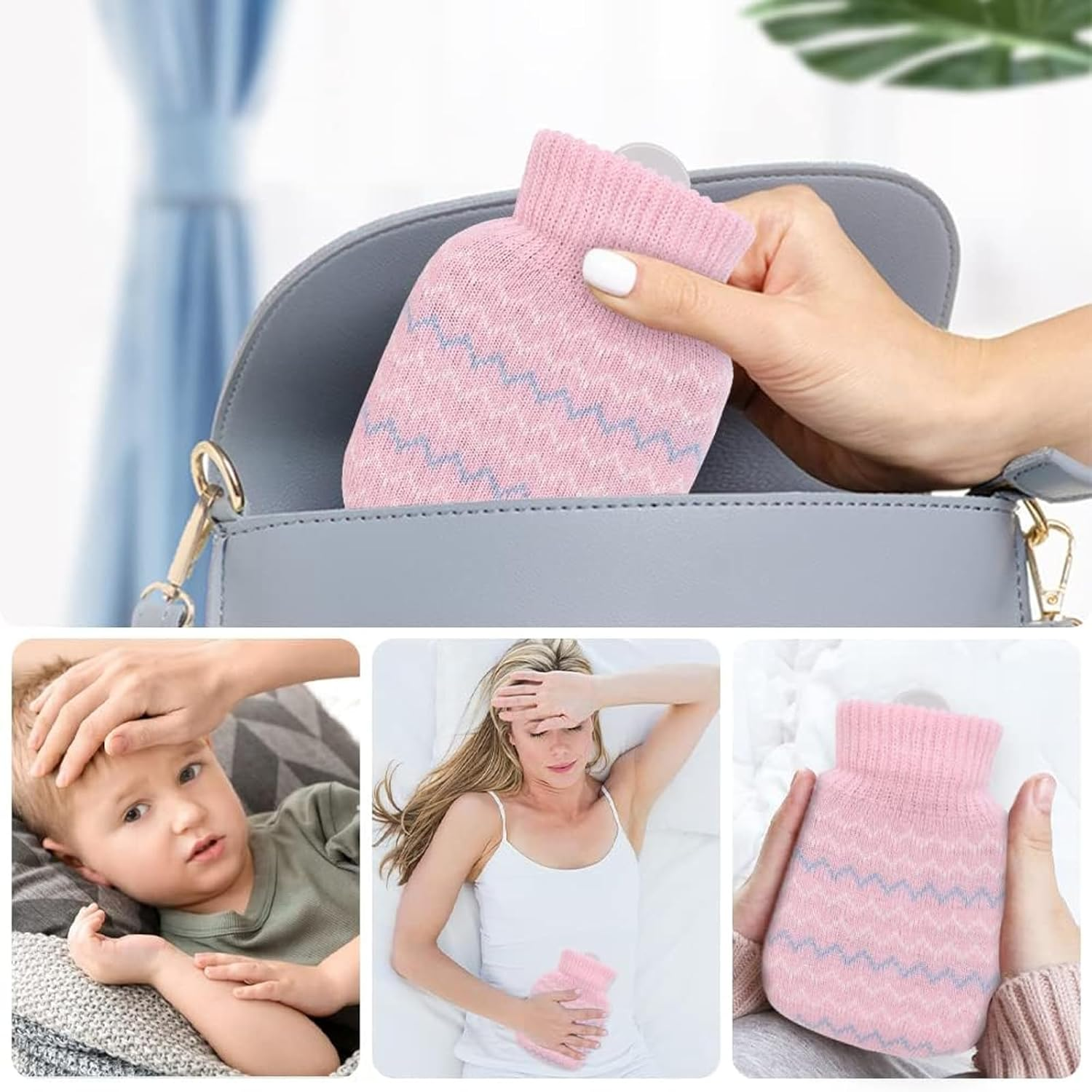 2PCS 320Ml Hot Water Bottle with Knited Cover, Mini Hot Water Bag for Pain Relief, Waist, Neck, Shoulders, Small Leak Proof Hot Water Bottle with Removable Cover for Women, Kids,Pink/Grey
