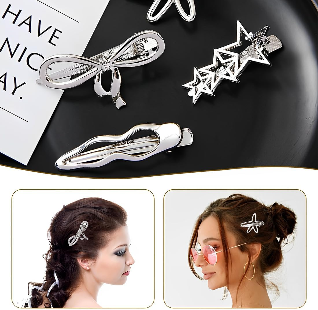 GGUFAY Pack of 4 Women'S Hair Clips with Bow, Stars, Waves, Five-Pointed Star for Women Girls, Fashionable Hair Claw, Duckbill Hair Clip, Y2K Silver Hairpin image number 2