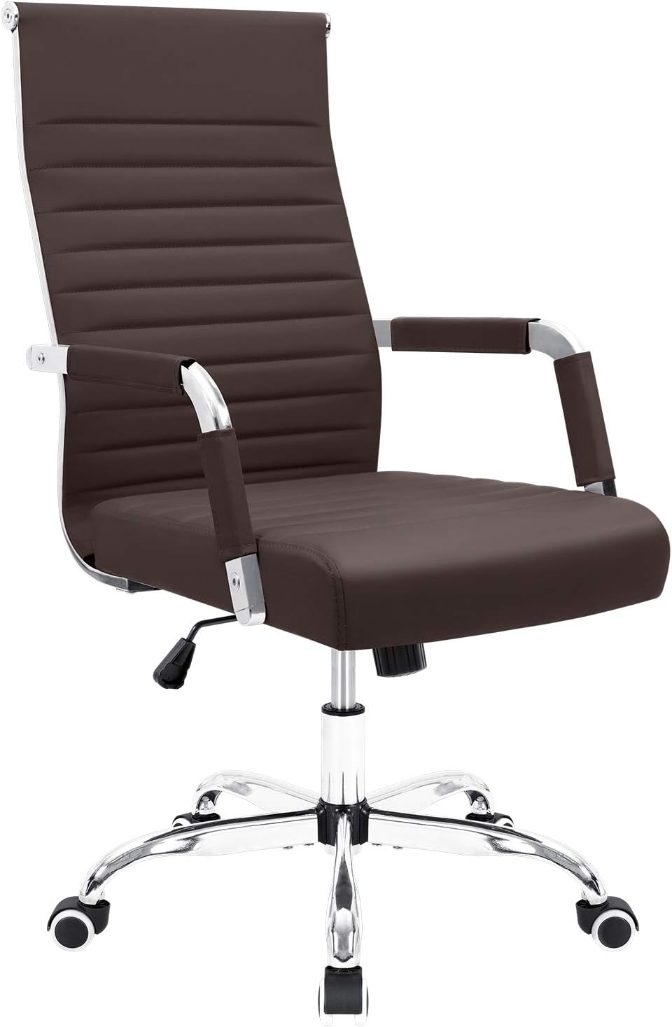 Ribbed Office Desk Mid-Back Pu Leather Executive Conference Task Adjustable Swivel Chair with Arms, White