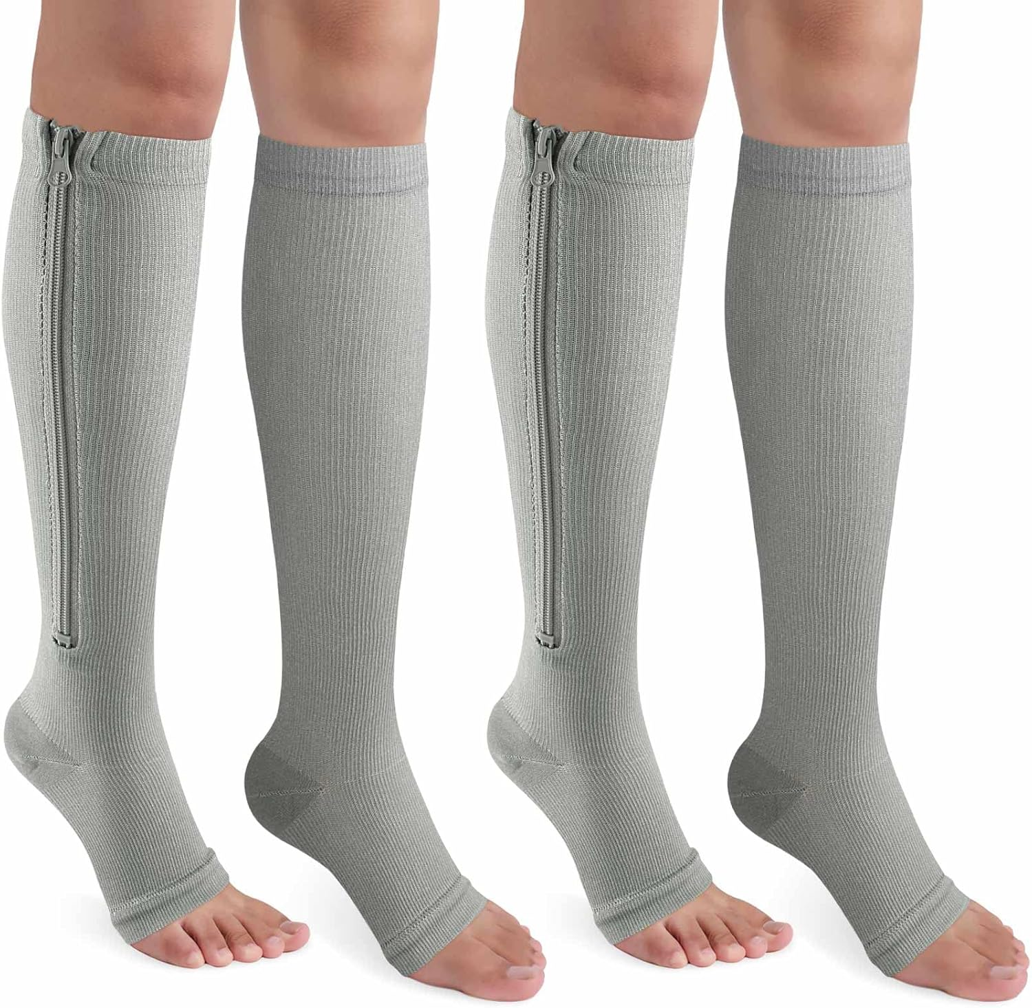 CASMON 2 Pairs Zipper Compression Socks for Women & Men, 15-20 Mmhg Open Toe Knee High Support Socks for Varicose Vein Edema image number 7