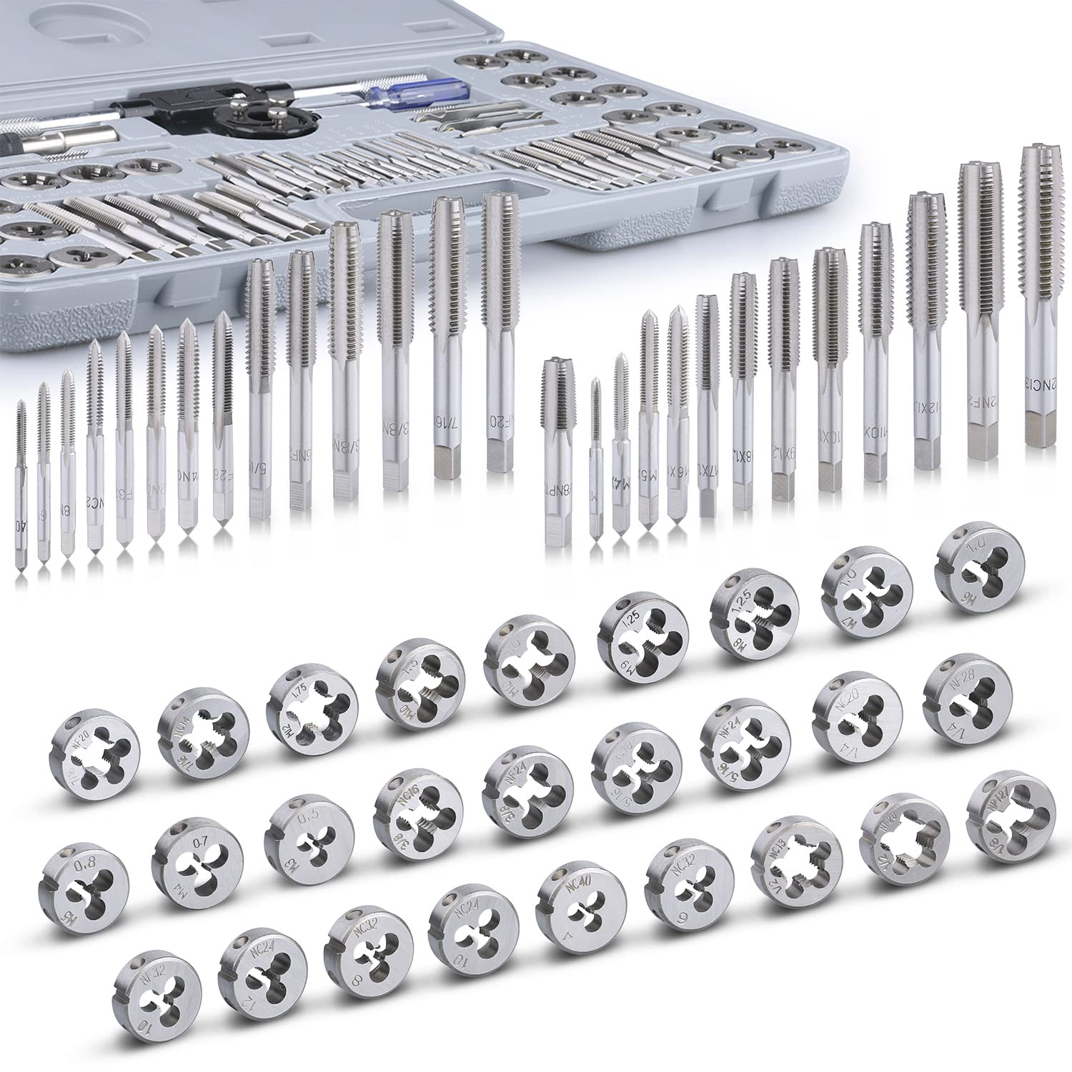 60-Pc Master Tap and Die Set - Include SAE Inch Size #4 to 1/2&rdquo; and Metric Size M3 to M12, Coarse and Fine Threads | Essential Threading Rethreading Tool Kit with Complete Accessories and Storage Case image number 5