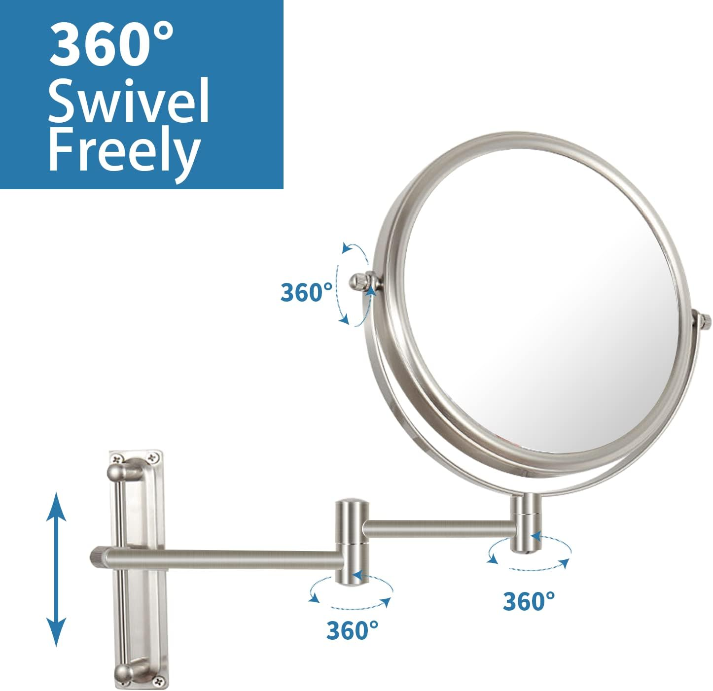 Yinjupu Makeup Mirror with Adjustable Height, Rechargeable 1X/10X Wall Mounted Makeup Mirror Magnifying Dimmable Double Sided 8'' Vanity Mirror (Adjustable Brush) - New Black 3 image number 4