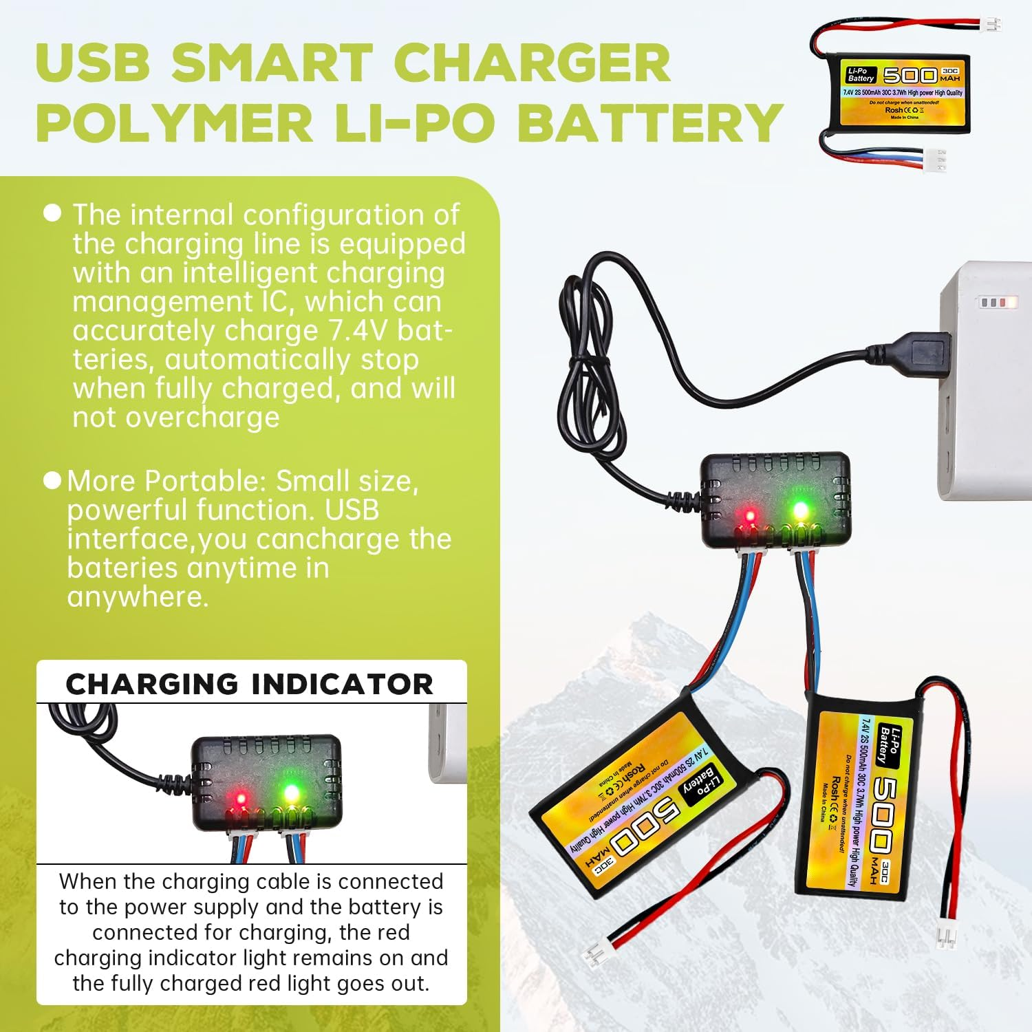 2PCS 7.4V 500Mah 30C Lipo RC Vehicle Battery with PH2.0 Plug and 2In1 Charger for AX24 SCX24 RC Vehicle Model Battery Compatible with Most 1/10, 1/16, 1/18, 1/24 RC Vehicles and Trucks image number 2