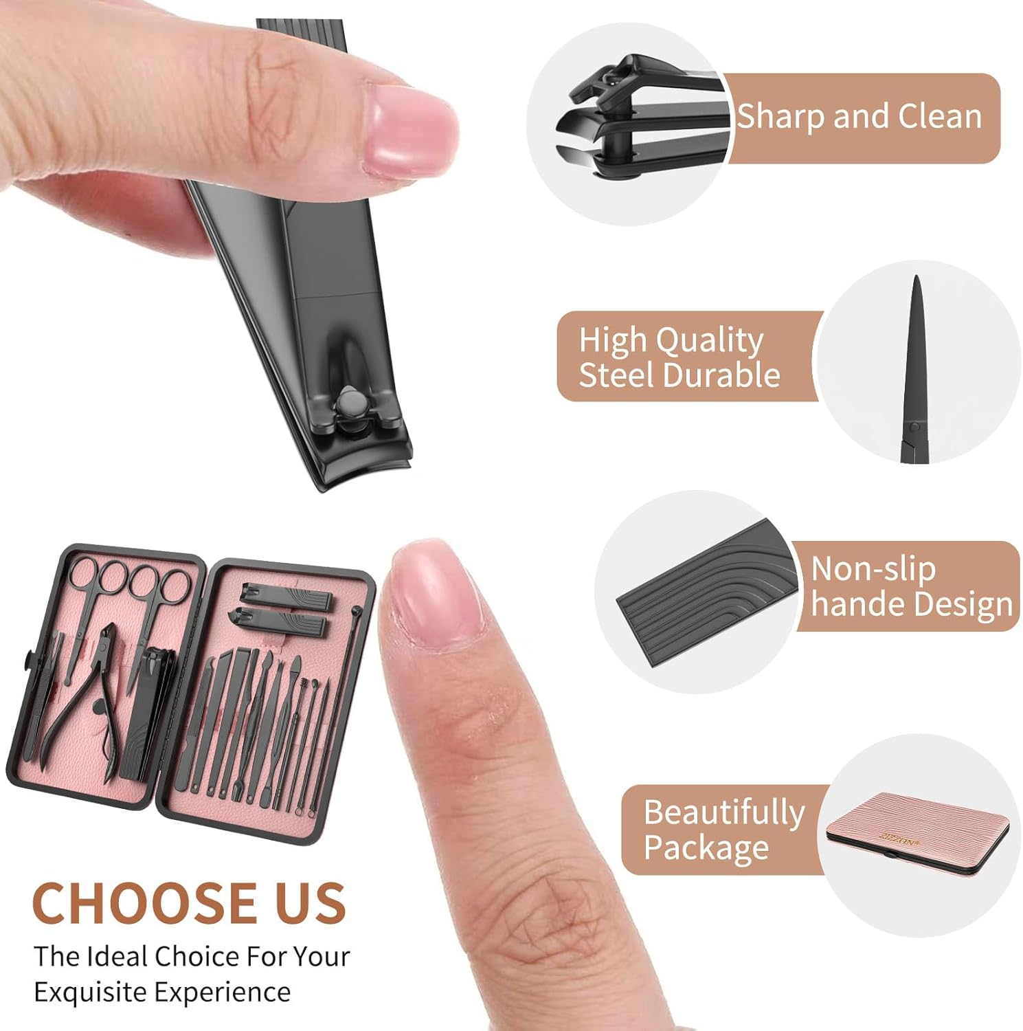 ZIZZON Nail Clippers Manicure Pedicure Set 18 in 1 Nail Grooming Kit with Leather Travel Case(Black/Pink) image number 3