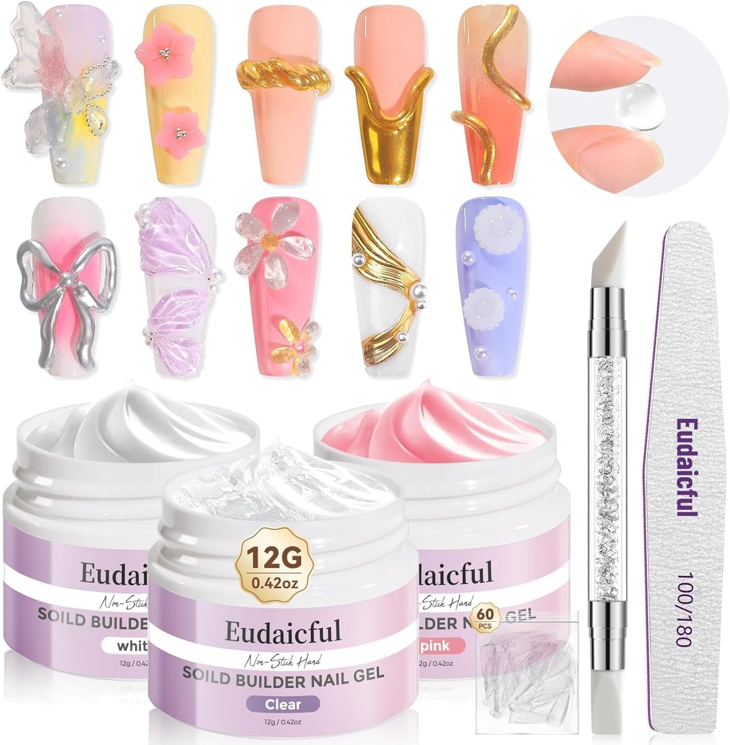 Eudaicful Solid Builder Nail Gel Kit: 3 Colors Clear Pink White 3D Sculpting Nail Gel Non-Sticky Hand Carving Gels Hard Gels U V/LED Extension with Silicone Pen Nails Forms Beginner DIY image number 4
