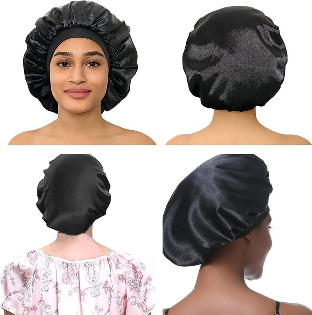Heatunk 2Pcs Silk Hair Bonnets for Sleeping - Satin Sleep Caps with Soft Elastic Band for Curly Hair Protection (Black Gold)